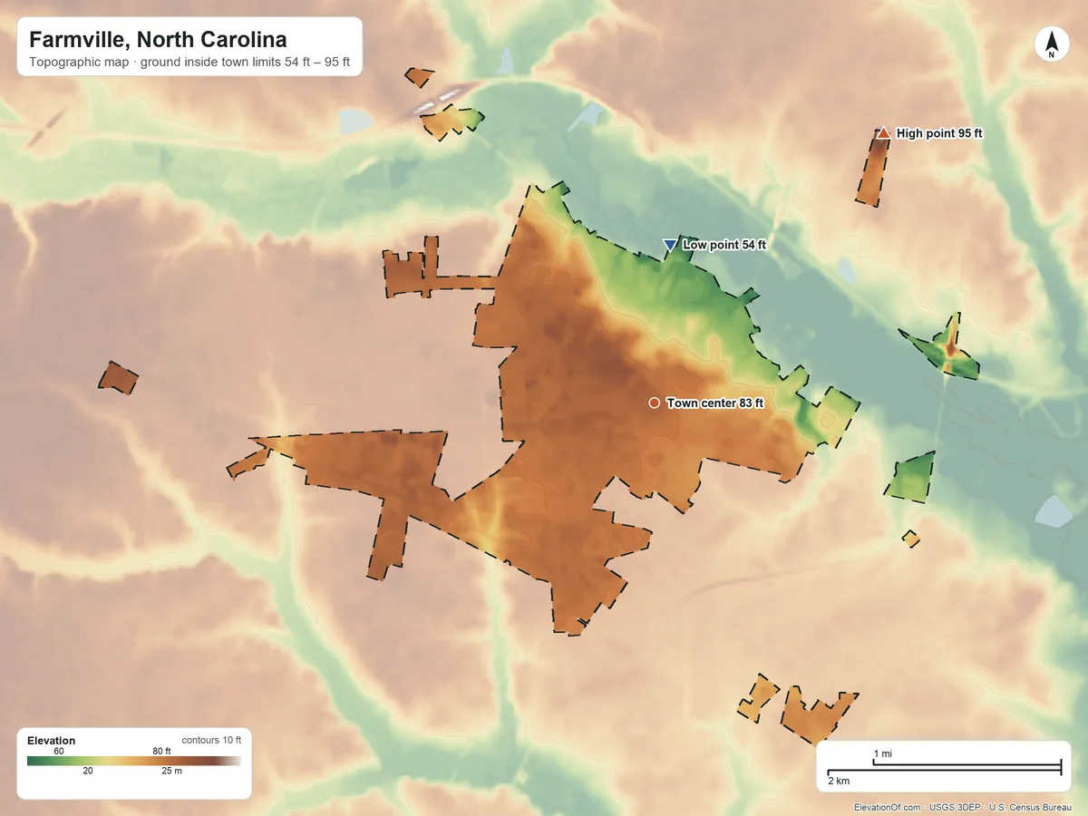 Topographic elevation map of Farmville, North Carolina, shaded from 54 ft on the north side to 95 ft on the northeast side