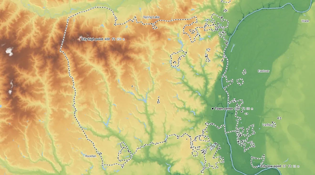Topographic elevation map of Fayetteville, North Carolina, shaded from 37 ft on the southeast side to 480 ft on the northwest side