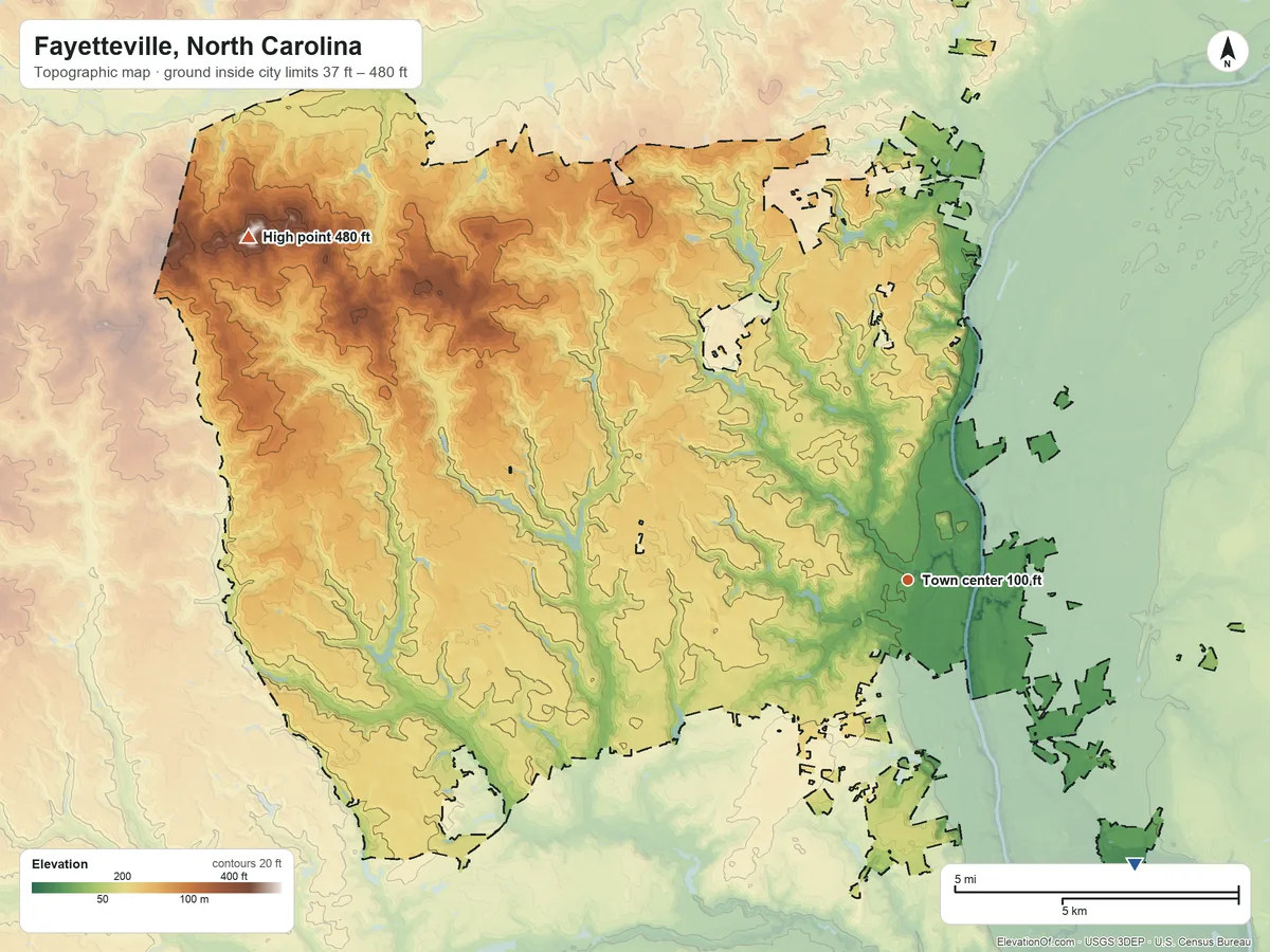 Topographic elevation map of Fayetteville, North Carolina, shaded from 37 ft on the southeast side to 480 ft on the northwest side