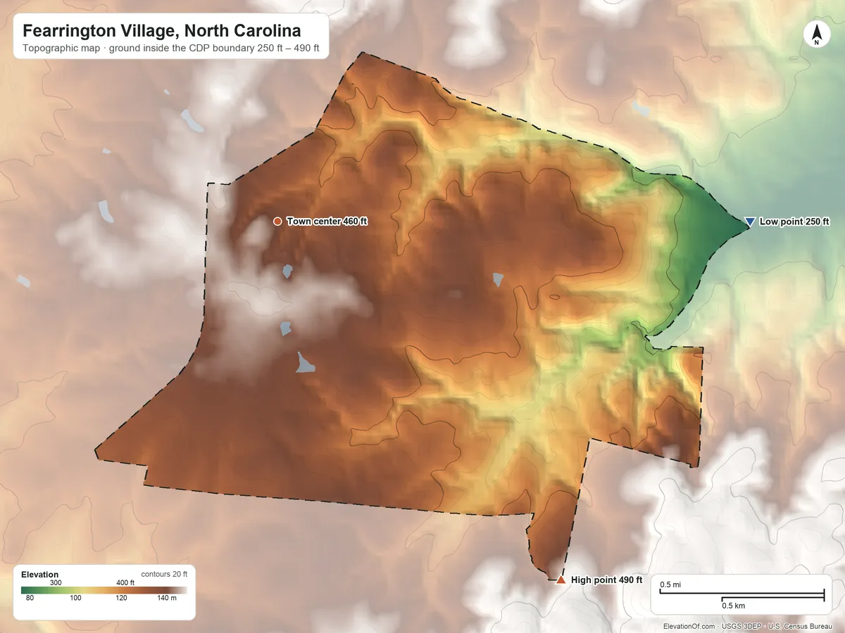 Topographic elevation map of Fearrington Village, North Carolina, shaded from 250 ft on the east side to 490 ft on the southeast side