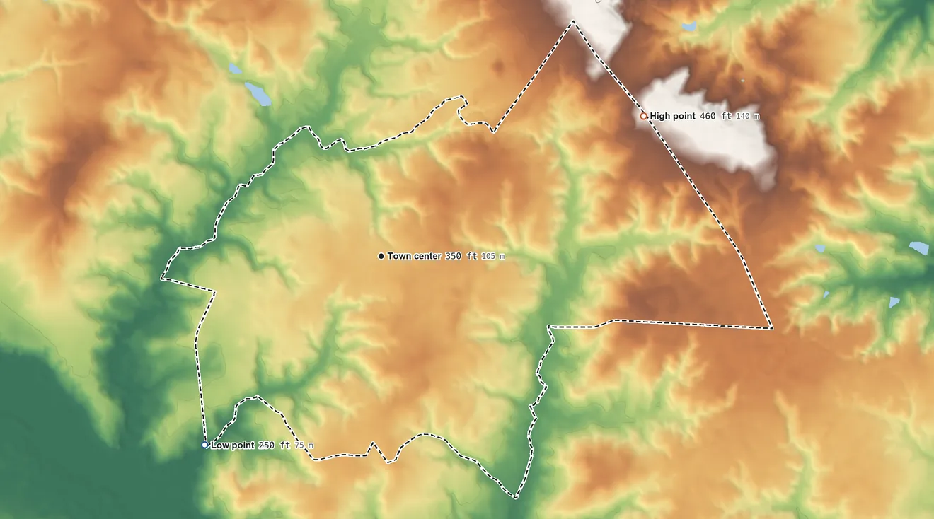Topographic elevation map of Five Points, North Carolina, shaded from 250 ft on the southwest side to 460 ft on the northeast side