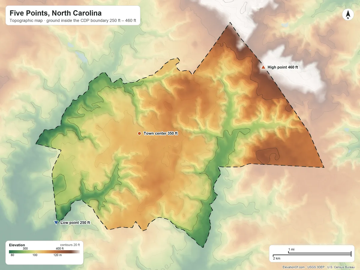 Topographic elevation map of Five Points, North Carolina, shaded from 250 ft on the southwest side to 460 ft on the northeast side