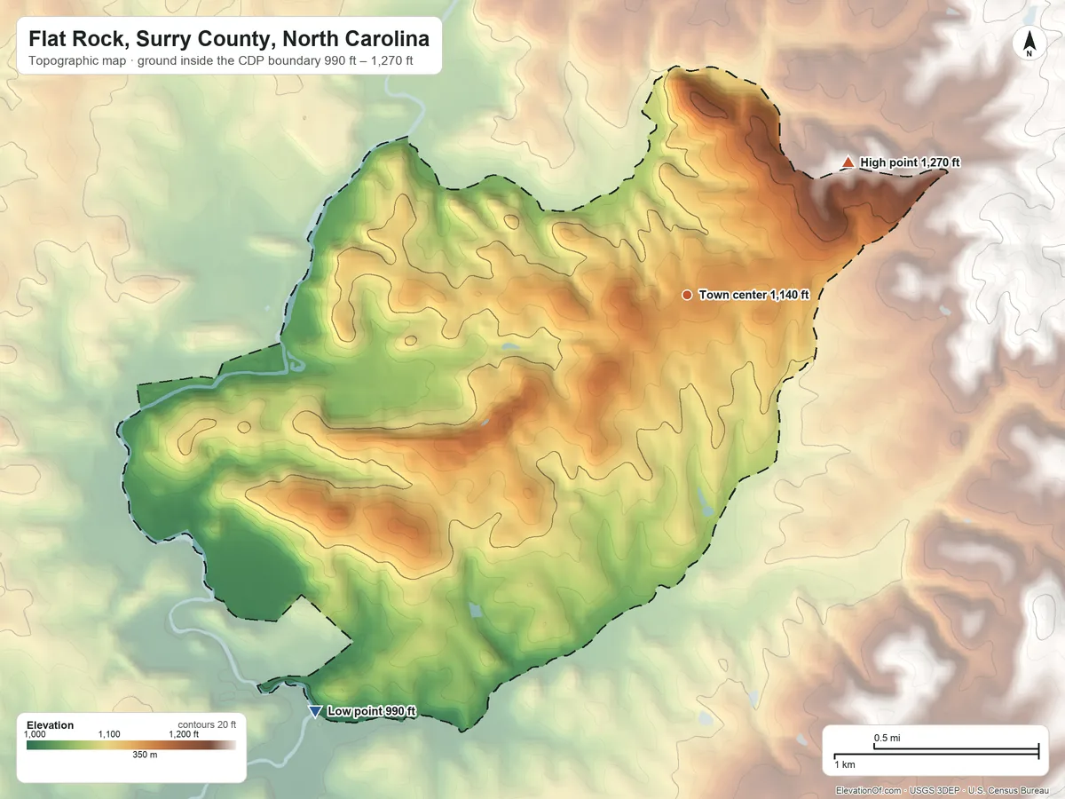 Topographic elevation map of Flat Rock, Surry County, North Carolina, shaded from 990 ft on the southwest side to 1,270 ft on the northeast edge, below higher ground just outside