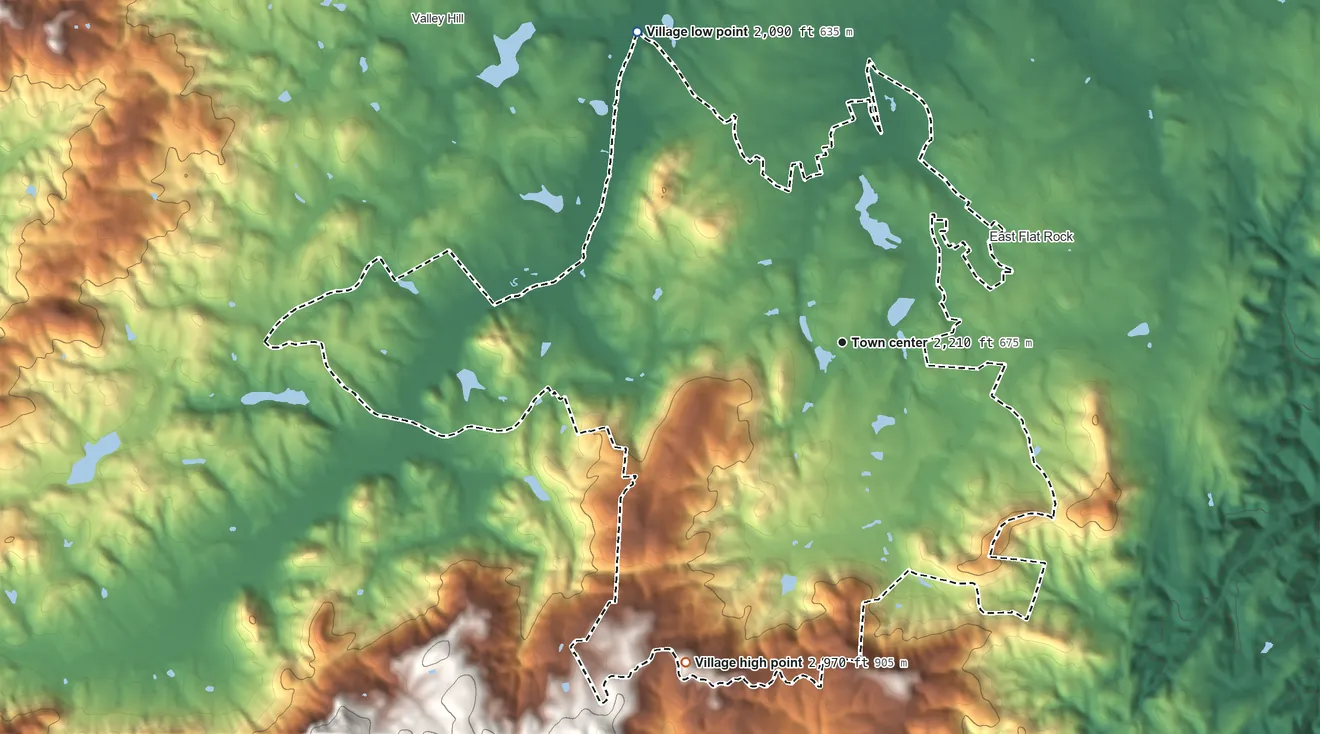 Topographic elevation map of Flat Rock, North Carolina, shaded from 2,090 ft on the northwest side to 2,970 ft on the southwest side