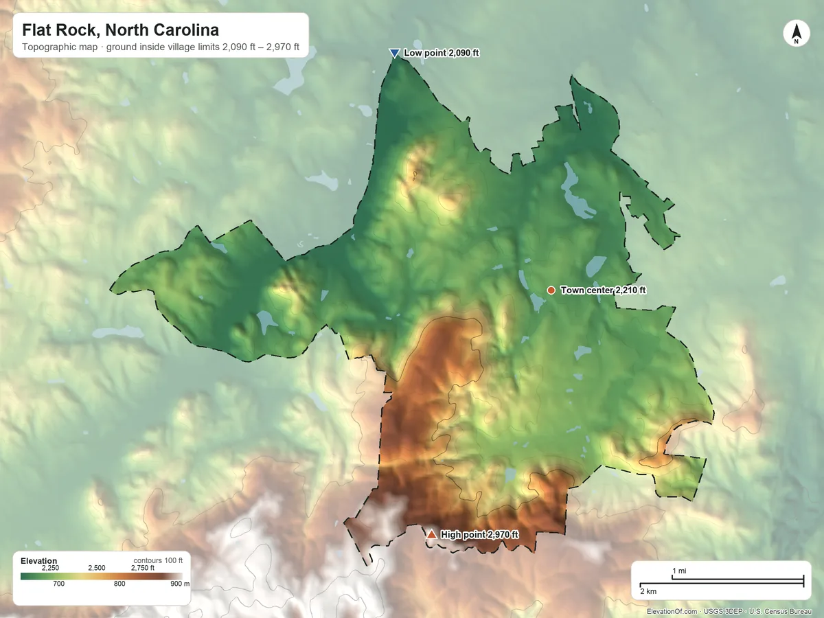 Topographic elevation map of Flat Rock, North Carolina, shaded from 2,090 ft on the northwest side to 2,970 ft on the southwest side