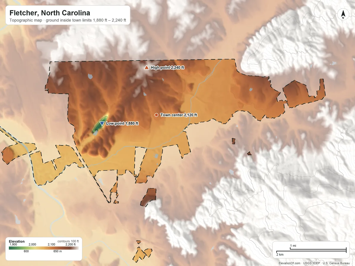 Topographic elevation map of Fletcher, North Carolina, shaded from 1,880 ft on the west side to 2,240 ft at the foot of the Swannanoa Mountains