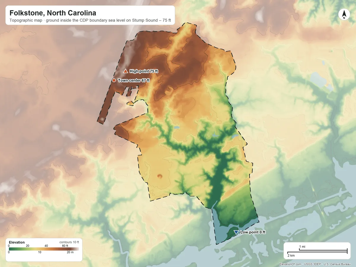 Topographic elevation map of Folkstone, North Carolina, shaded from sea level level on Stump Sound to 75 ft near the middle