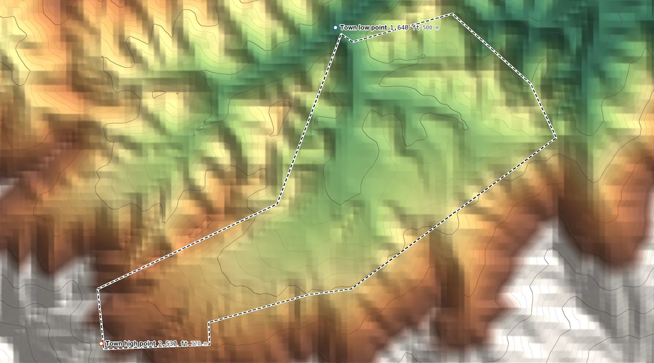Topographic elevation map of Fontana Dam, North Carolina, shaded from 1,640 ft on the north side to 2,530 ft at the foot of the Cheoah Mountains