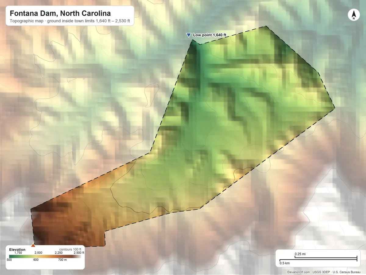 Topographic elevation map of Fontana Dam, North Carolina, shaded from 1,640 ft on the north side to 2,530 ft at the foot of the Cheoah Mountains