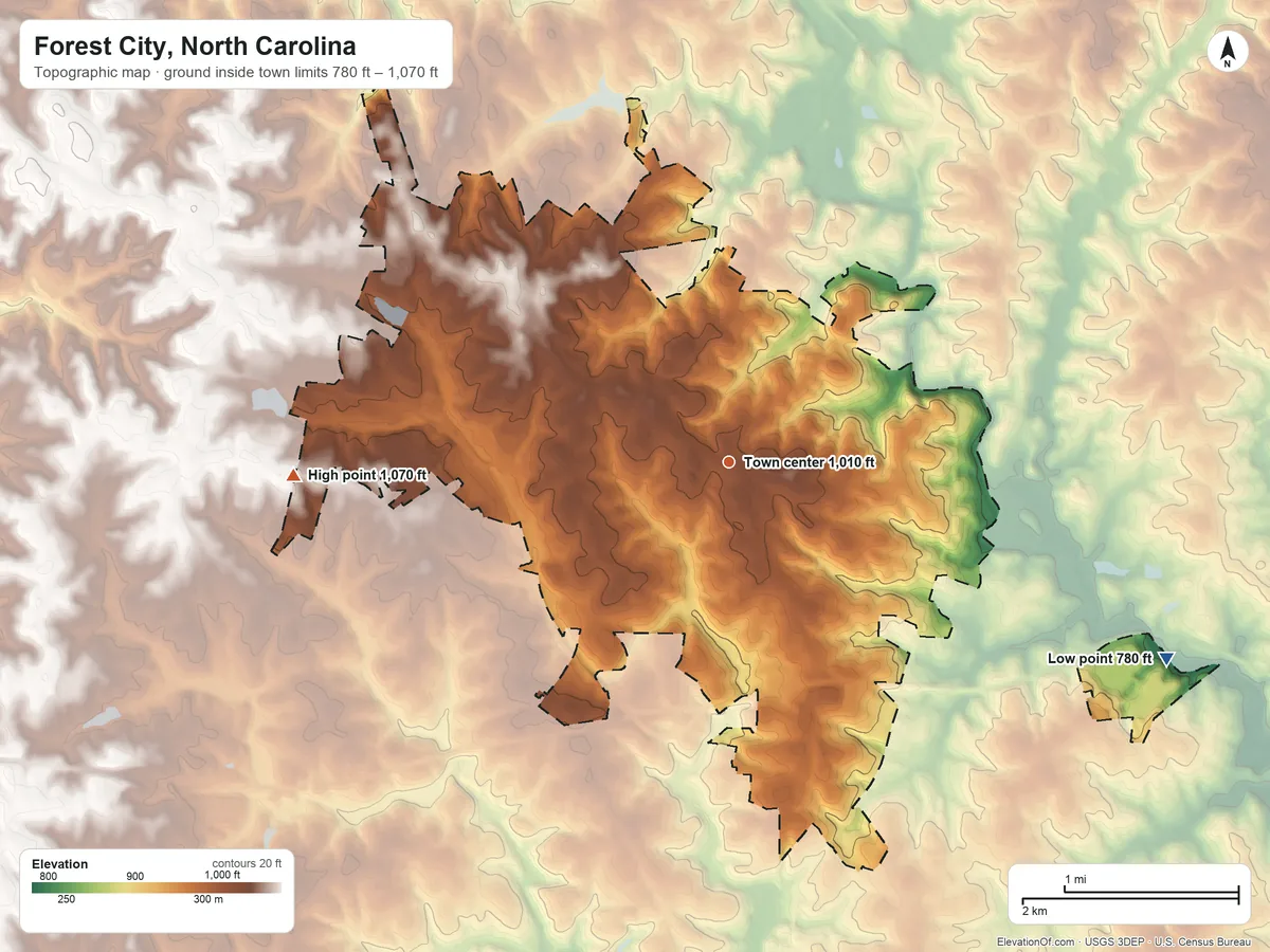 Topographic elevation map of Forest City, North Carolina, shaded from 780 ft on the southeast side to 1,070 ft on the west side