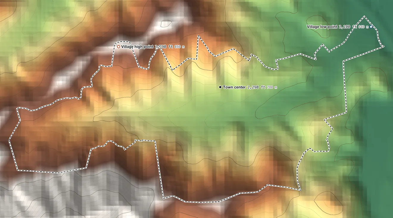 Topographic elevation map of Forest Hills, North Carolina, shaded from 2,100 ft on the east side to 2,790 ft at the foot of the Cowee Mountains