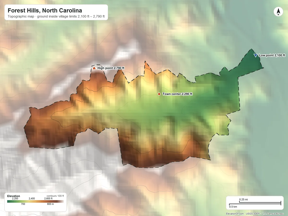 Topographic elevation map of Forest Hills, North Carolina, shaded from 2,100 ft on the east side to 2,790 ft at the foot of the Cowee Mountains