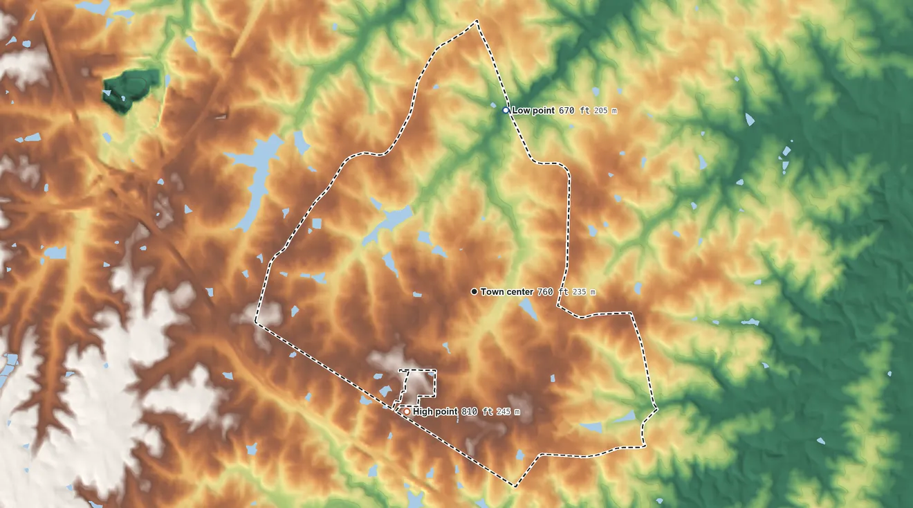 Topographic elevation map of Forest Oaks, North Carolina, shaded from 670 ft on the north side to 810 ft on the southwest side