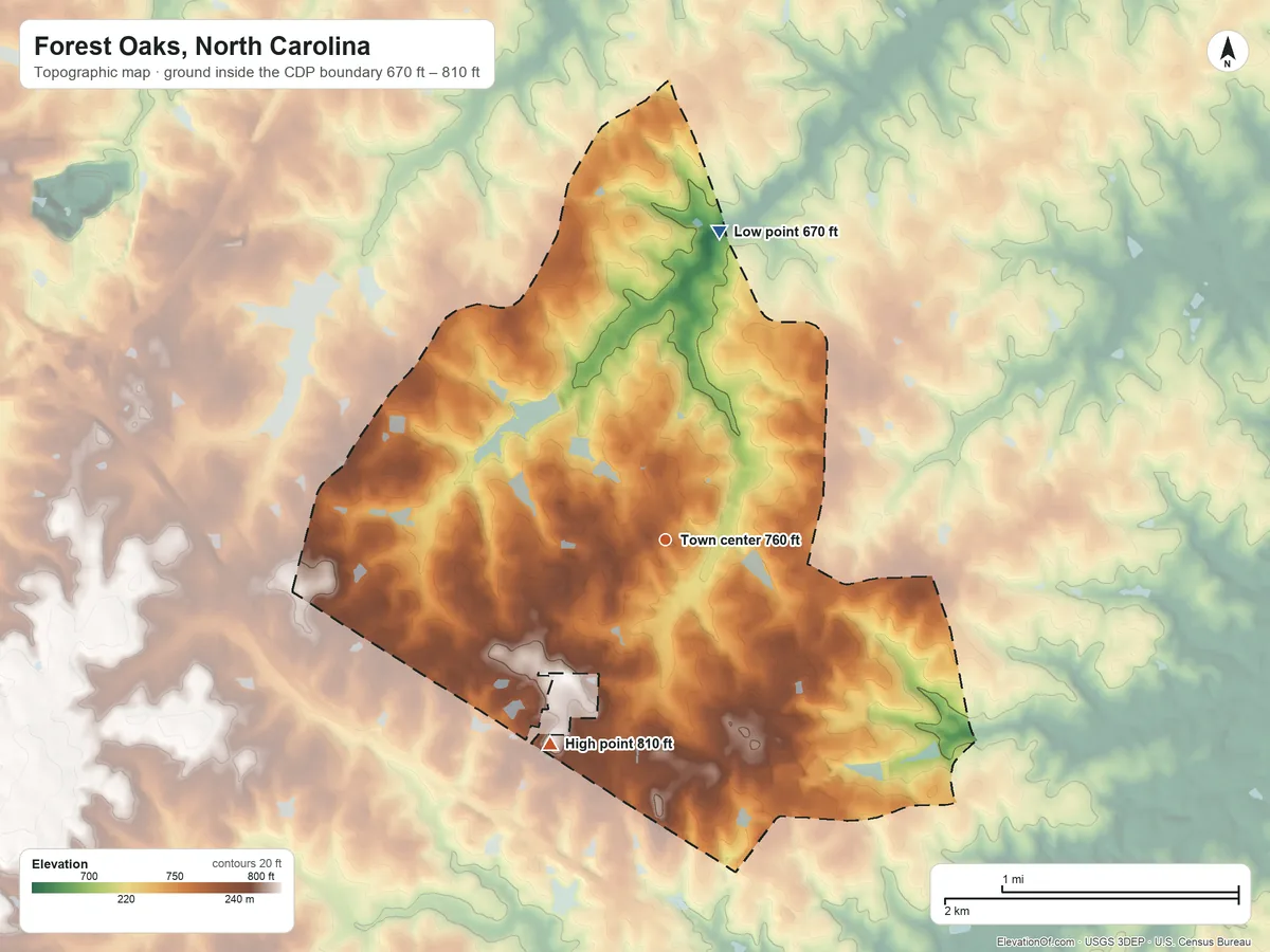 Topographic elevation map of Forest Oaks, North Carolina, shaded from 670 ft on the north side to 810 ft on the southwest side
