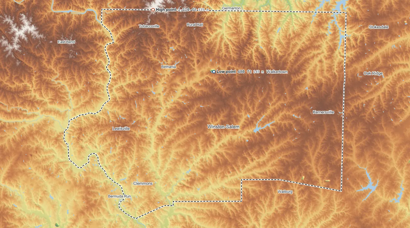 Topographic elevation map of Forsyth County, North Carolina, shaded from 480 ft on the north side to 1,110 ft on the northwest side