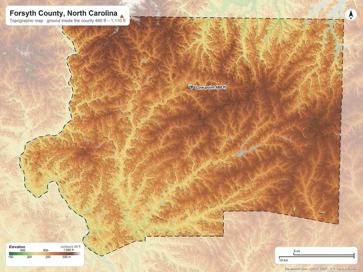 Topographic elevation map of Forsyth County, North Carolina, shaded from 480 ft on the north side to 1,110 ft on the northwest side