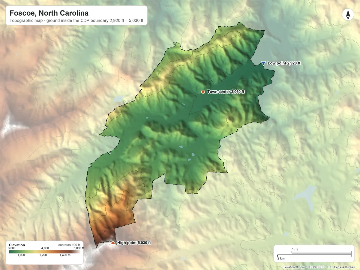 Topographic elevation map of Foscoe, North Carolina, shaded from 2,920 ft on the northeast side to 5,030 ft on the southwest edge, below higher ground just outside