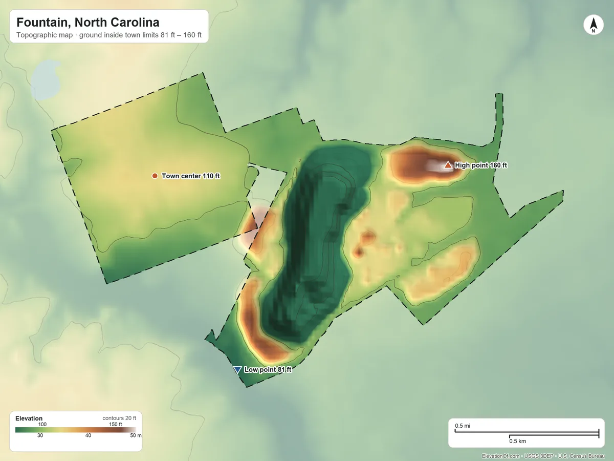 Topographic elevation map of Fountain, North Carolina, shaded from 81 ft on the southeast side to 160 ft on the east side