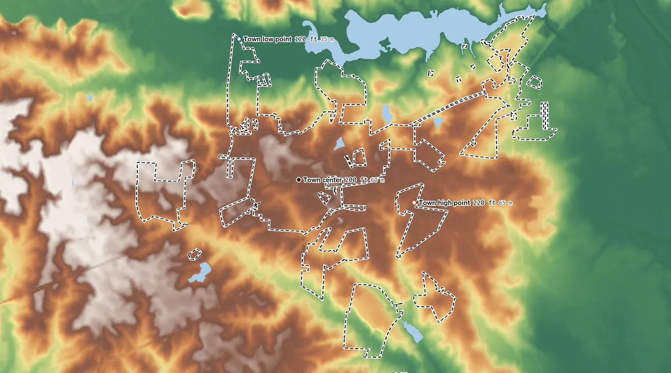 Topographic elevation map of Four Oaks, North Carolina, shaded from 120 ft on the northwest side to 220 ft on the east side