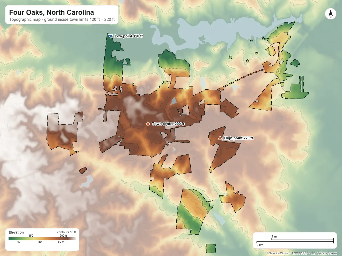 Topographic elevation map of Four Oaks, North Carolina, shaded from 120 ft on the northwest side to 220 ft on the east side