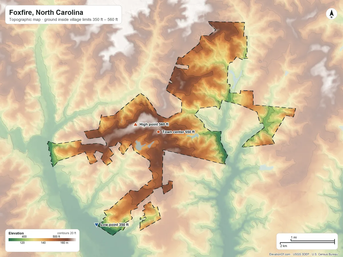 Topographic elevation map of Foxfire, North Carolina, shaded from 350 ft on the southwest side to 560 ft near the middle