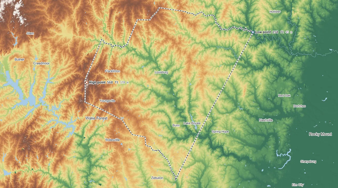 Topographic elevation map of Franklin County, North Carolina, shaded from 150 ft on the northeast side to 560 ft on the west side