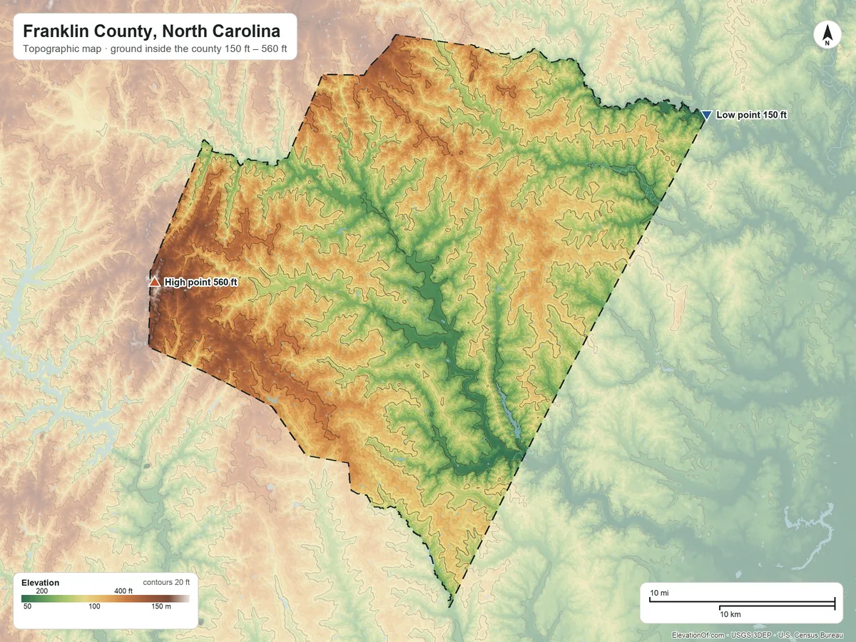 Topographic elevation map of Franklin County, North Carolina, shaded from 150 ft on the northeast side to 560 ft on the west side