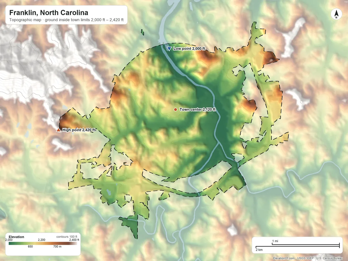 Topographic elevation map of Franklin, North Carolina, shaded from 2,000 ft on the north side to 2,420 ft at the foot of the Cowee Mountains