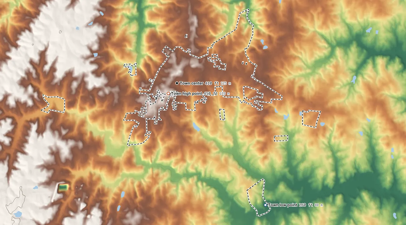Topographic elevation map of Franklinton, North Carolina, shaded from 260 ft on the southeast side to 450 ft near the middle