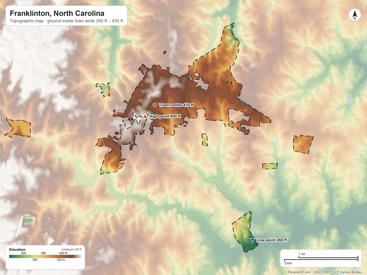 Topographic elevation map of Franklinton, North Carolina, shaded from 260 ft on the southeast side to 450 ft near the middle