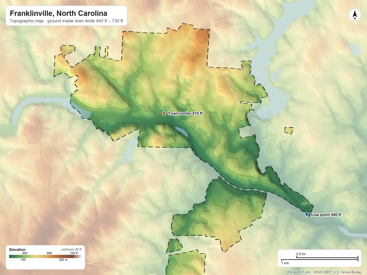 Topographic elevation map of Franklinville, North Carolina, shaded from 440 ft on the southeast side to 730 ft on the southwest side
