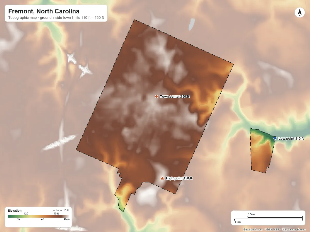 Topographic elevation map of Fremont, North Carolina, shaded from 110 ft on the east side to 150 ft on the south side