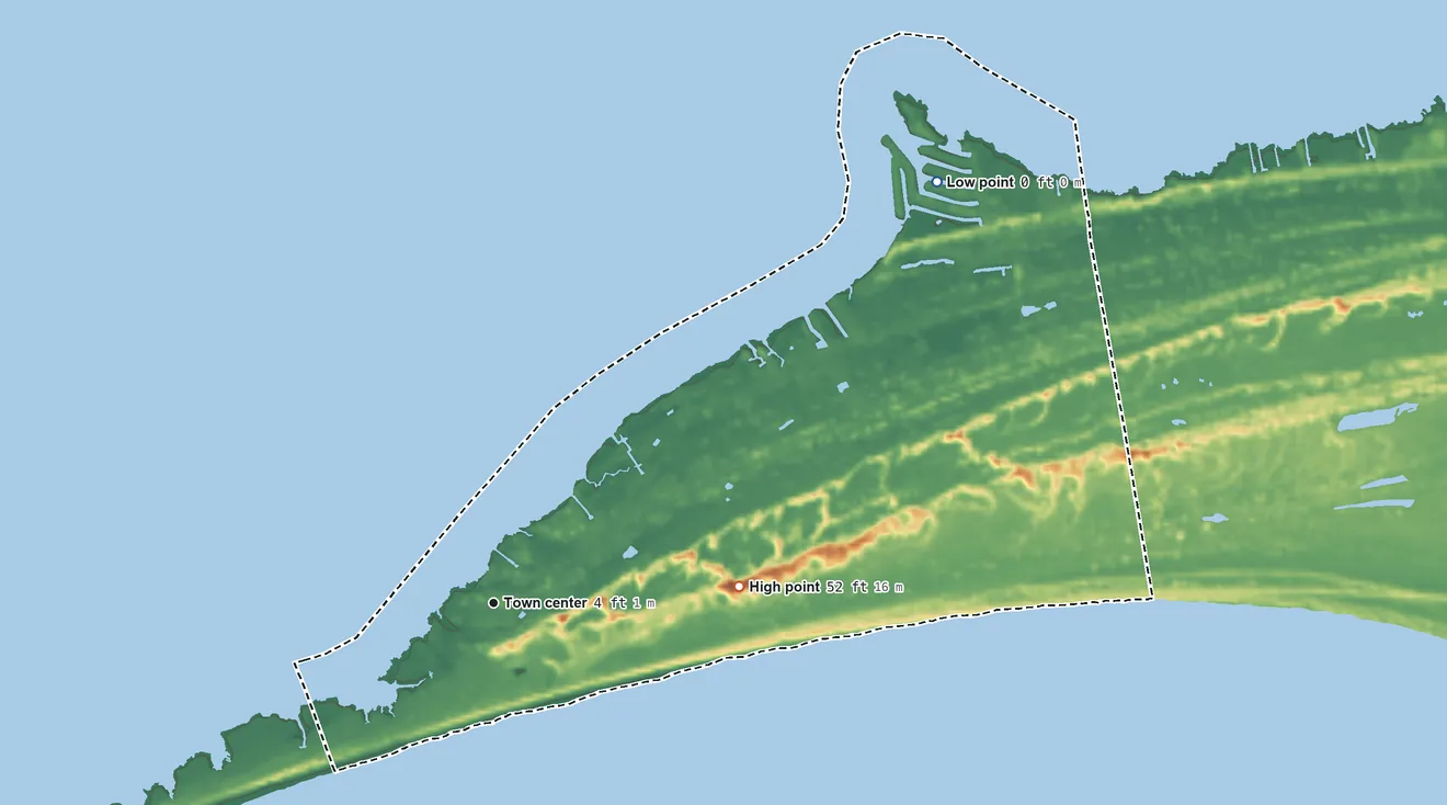 Topographic elevation map of Frisco, North Carolina, shaded from sea level level on Pamlico Sound to 52 ft on the east side