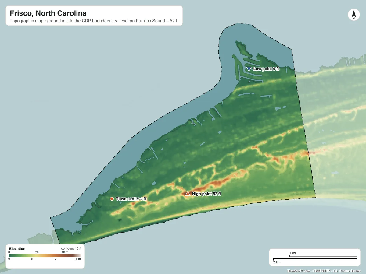 Topographic elevation map of Frisco, North Carolina, shaded from sea level level on Pamlico Sound to 52 ft on the east side