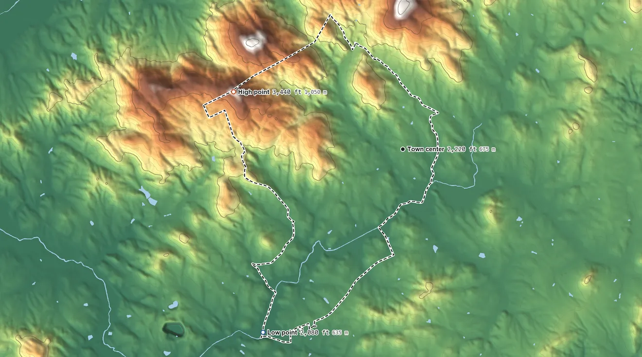 Topographic elevation map of Fruitland, North Carolina, shaded from 2,080 ft on the southwest side to 3,440 ft on Rich Mountain