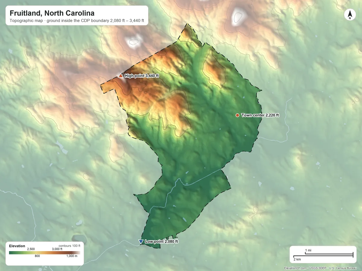 Topographic elevation map of Fruitland, North Carolina, shaded from 2,080 ft on the southwest side to 3,440 ft on Rich Mountain