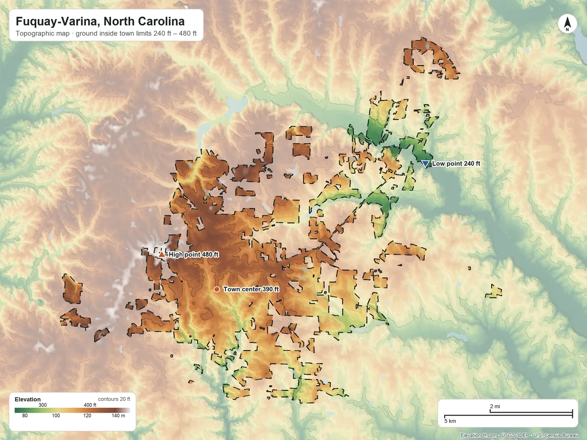 Topographic elevation map of Fuquay-Varina, North Carolina, shaded from 240 ft on the northeast side to 480 ft on the northwest side