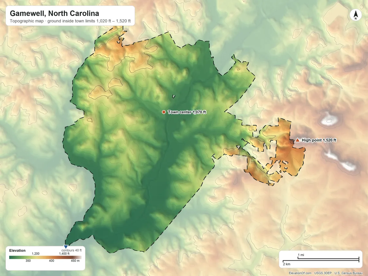 Topographic elevation map of Gamewell, North Carolina, shaded from 1,020 ft on the southwest side to 1,520 ft on the east side