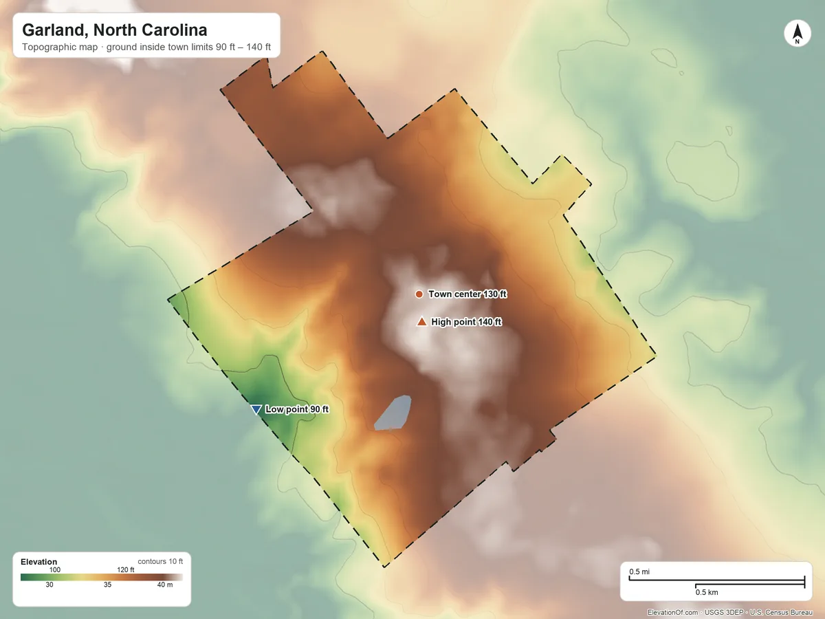 Topographic elevation map of Garland, North Carolina, shaded from 90 ft on the southwest side to 140 ft near the middle