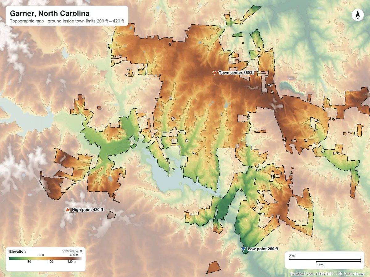 Topographic elevation map of Garner, North Carolina, shaded from 200 ft on the south side to 420 ft on the southwest side