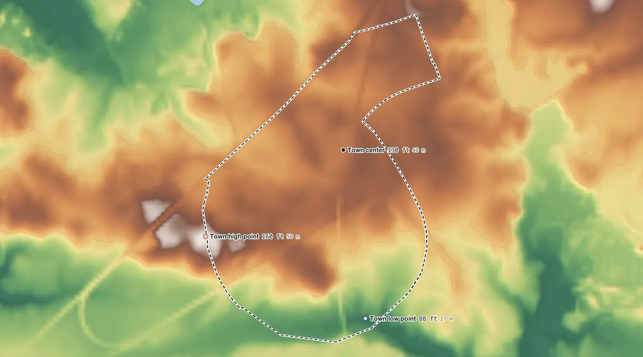 Topographic elevation map of Garysburg, North Carolina, shaded from 88 ft on the south side to 160 ft on the southwest side