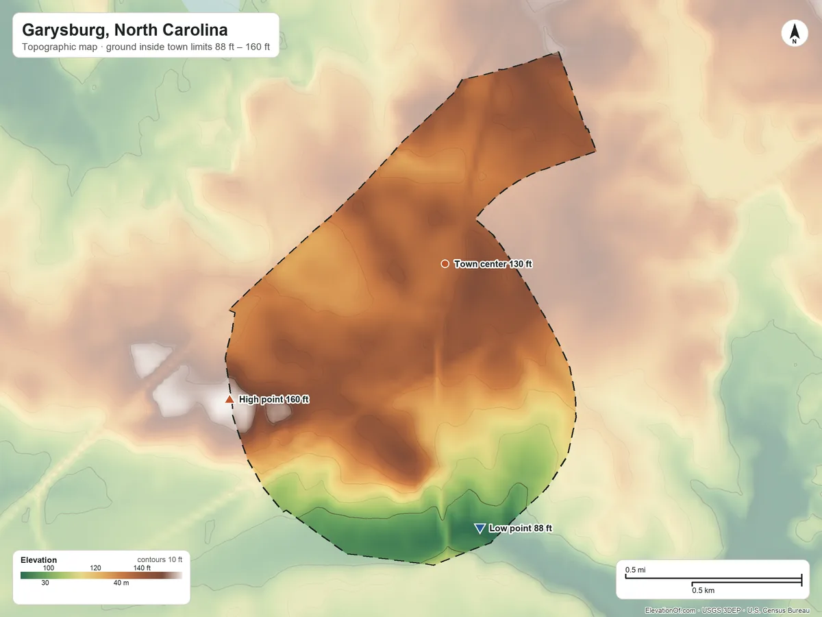 Topographic elevation map of Garysburg, North Carolina, shaded from 88 ft on the south side to 160 ft on the southwest side