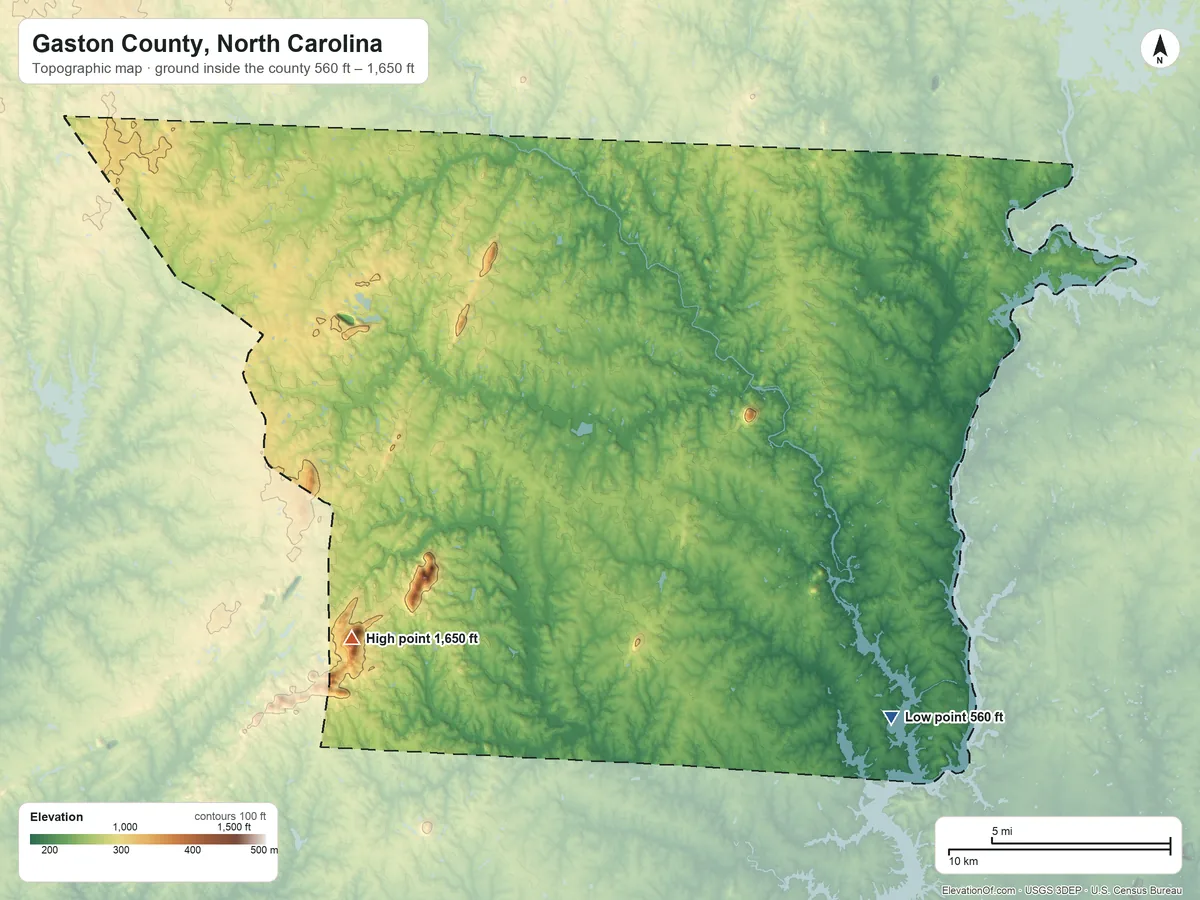 Topographic elevation map of Gaston County, North Carolina, shaded from 560 ft on the southeast side to 1,650 ft on the southwest side