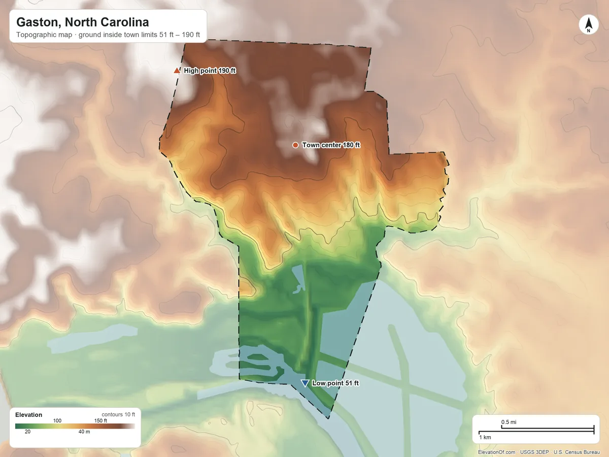Topographic elevation map of Gaston, North Carolina, shaded from 51 ft on the south side to 190 ft on the northwest side