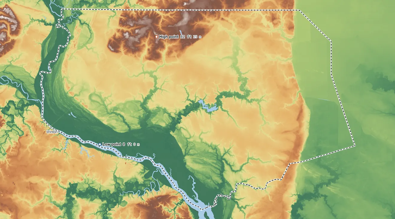 Topographic elevation map of Gates County, North Carolina, shaded from 0 ft on the west side to 82 ft on the northwest side