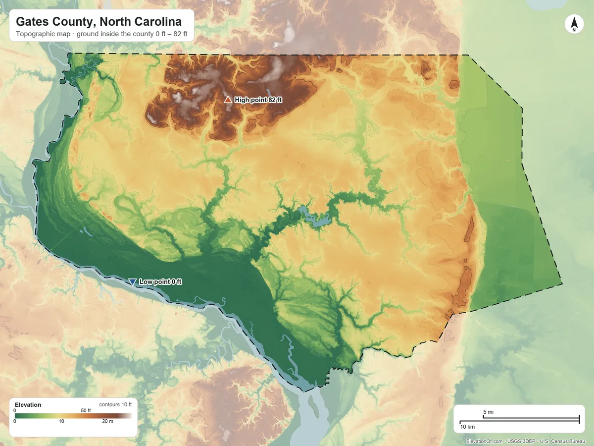 Topographic elevation map of Gates County, North Carolina, shaded from 0 ft on the west side to 82 ft on the northwest side
