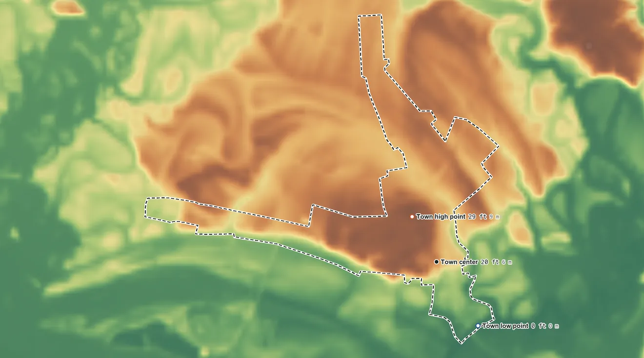 Topographic elevation map of Gatesville, North Carolina, shaded from 0 ft on the southeast side to 29 ft on the northwest side
