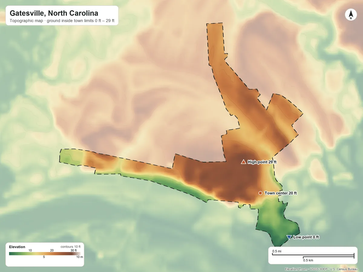 Topographic elevation map of Gatesville, North Carolina, shaded from 0 ft on the southeast side to 29 ft on the northwest side
