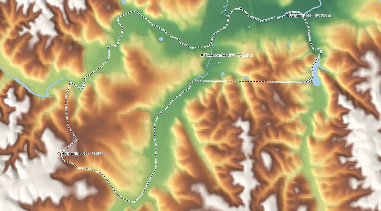 Topographic elevation map of Germanton, North Carolina, shaded from 650 ft on the northeast side to 840 ft on the southwest side
