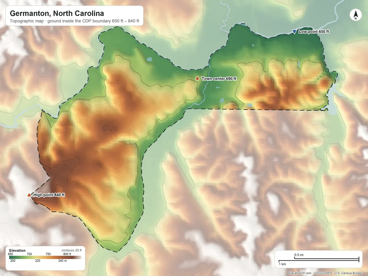 Topographic elevation map of Germanton, North Carolina, shaded from 650 ft on the northeast side to 840 ft on the southwest side